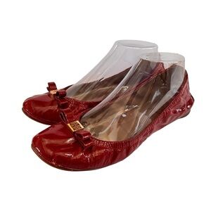 Tory Burch Red Eddie Logo Bow Smooth Patent Leather Ballet Flats Size 8.5